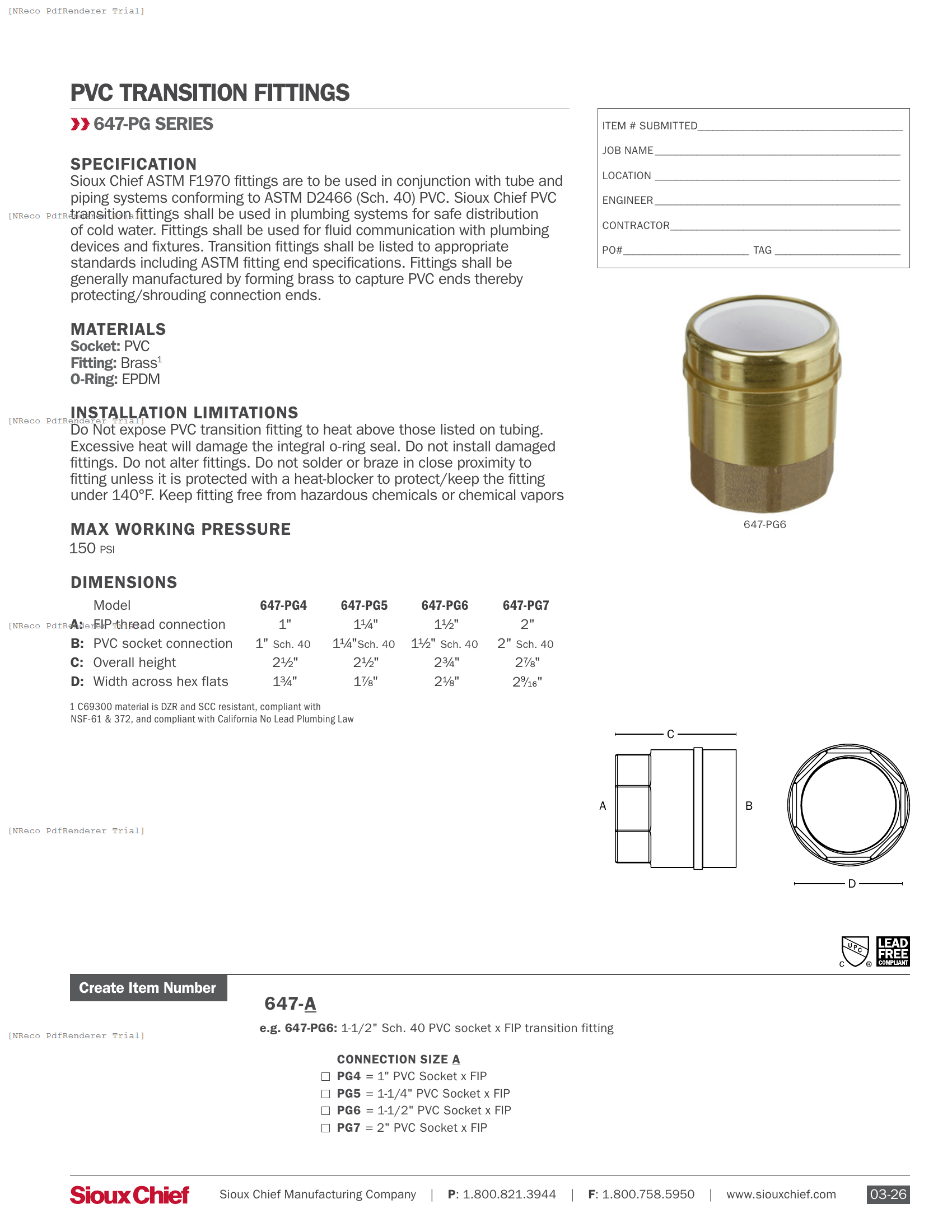 647-PG SERIES - PVC BRASS TRANSITION FITTING - SPEC SHEET.PDF Specification Document